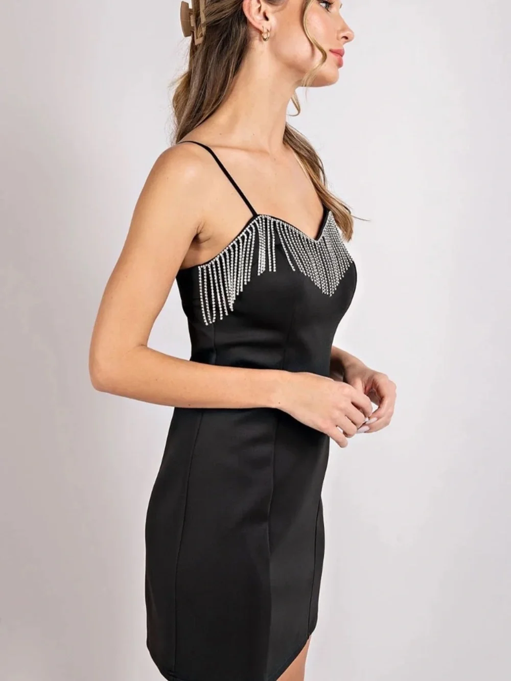 NWT Sleek Black Spaghetti Strap Body Con Dress with Rhinestone Fringe